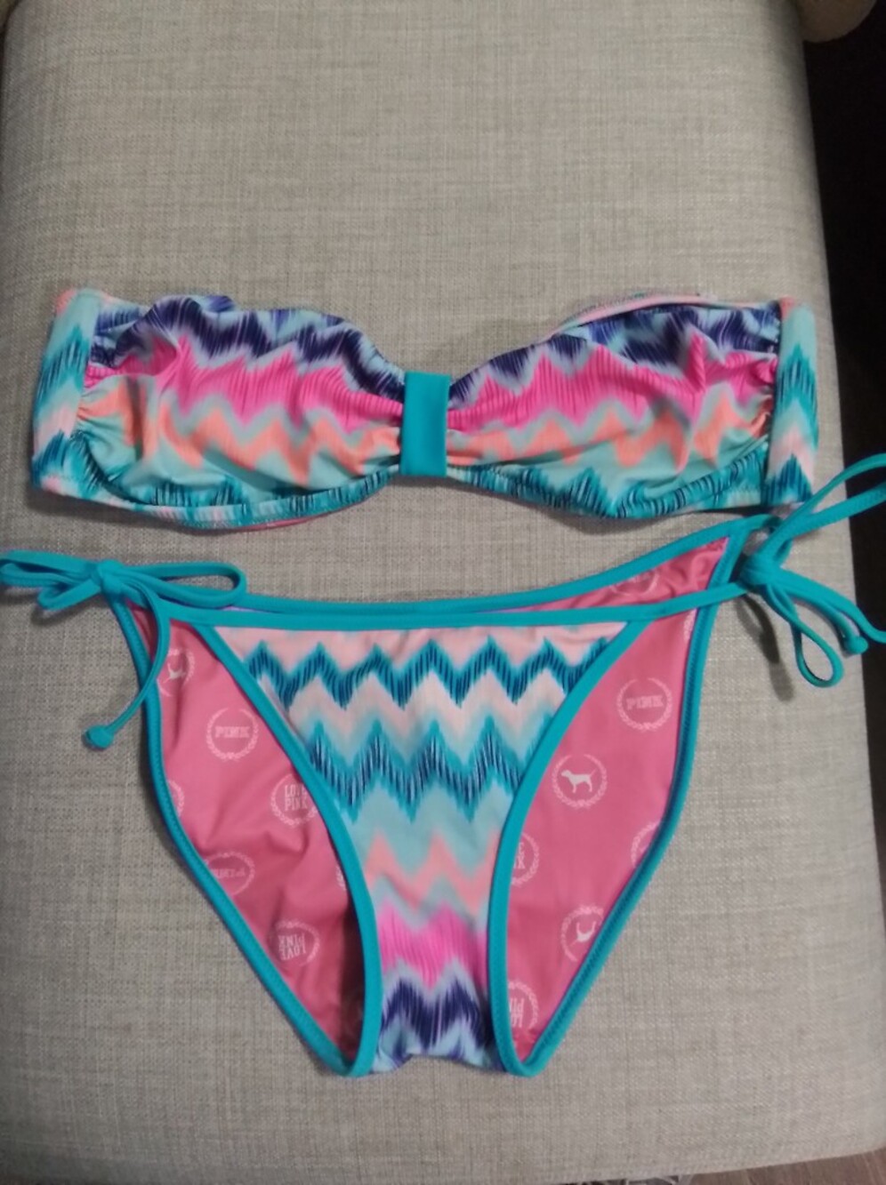 Vintage/Htf Pink Victorias Secret Pink Blue Chevron Bandeau Bikini Set